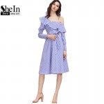 SheIn Blue Striped Asymmetric Ruffle Off The Shoulder Belted Shirt Dress Womens Long Sleeve Knee Length A Line Dress