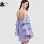 SheIn Boho Blue Contrast Lace Trim Layered Ruffle Sleeve Off The Shoulder Beach Dress Women Spring Long Sleeve Cute Dress