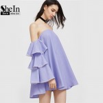 SheIn Boho Blue Contrast Lace Trim Layered Ruffle Sleeve Off The Shoulder Beach Dress Women Spring Long Sleeve Cute Dress