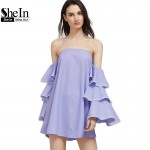 SheIn Boho Blue Contrast Lace Trim Layered Ruffle Sleeve Off The Shoulder Beach Dress Women Spring Long Sleeve Cute Dress