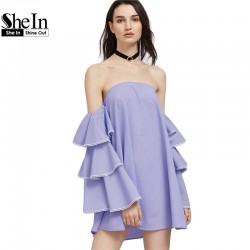 SheIn Boho Blue Contrast Lace Trim Layered Ruffle Sleeve Off The Shoulder Beach Dress Women Spring Long Sleeve Cute Dress