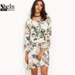 SheIn Boho Casual Straight Dresses For Women White Tropical Floral Print Round Neck Long Sleeve Swing Short Dress