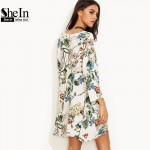 SheIn Boho Casual Straight Dresses For Women White Tropical Floral Print Round Neck Long Sleeve Swing Short Dress