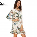 SheIn Boho Casual Straight Dresses For Women White Tropical Floral Print Round Neck Long Sleeve Swing Short Dress