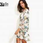 SheIn Boho Casual Straight Dresses For Women White Tropical Floral Print Round Neck Long Sleeve Swing Short Dress