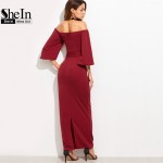 SheIn Burgundy Party Dresses Women Winter Autumn Off The Shoulder Sheath Elegant Ladies Sweetheart Belted Long Dress