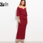 SheIn Burgundy Party Dresses Women Winter Autumn Off The Shoulder Sheath Elegant Ladies Sweetheart Belted Long Dress