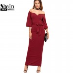 SheIn Burgundy Party Dresses Women Winter Autumn Off The Shoulder Sheath Elegant Ladies Sweetheart Belted Long Dress