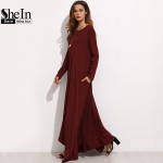 SheIn Burgundy Spring Long Sleeve Winter Dresses Women Dress 2016 Loose Asymmetrical Round Neck Shift Long Maxi Dress