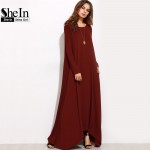 SheIn Burgundy Spring Long Sleeve Winter Dresses Women Dress 2016 Loose Asymmetrical Round Neck Shift Long Maxi Dress