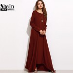 SheIn Burgundy Spring Long Sleeve Winter Dresses Women Dress 2016 Loose Asymmetrical Round Neck Shift Long Maxi Dress