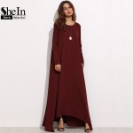 SheIn Burgundy Spring Long Sleeve Winter Dresses Women Dress 2016 Loose Asymmetrical Round Neck Shift Long Maxi Dress