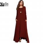 SheIn Burgundy Spring Long Sleeve Winter Dresses Women Dress 2016 Loose Asymmetrical Round Neck Shift Long Maxi Dress