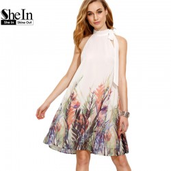 SheIn Casual Dresses For Woman Boho Dress New Summer Style Womens Beige Print Bow High Neck Sleeveless Straight Dress