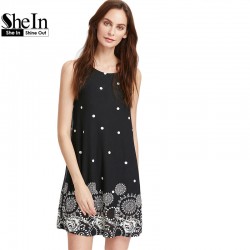 SheIn Casual Dresses For Women 2016 Summer Ladies Black Polka Dot Print Sleeveless Round Neck Short Shift Dress