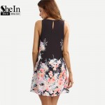 SheIn Casual Dresses For Women Summer Bobo Dress Ladies Multicolor Floral Round Neck Sleeveless Cut Out Short Shift Dress