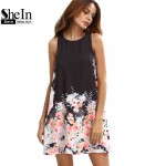 SheIn Casual Dresses For Women Summer Bobo Dress Ladies Multicolor Floral Round Neck Sleeveless Cut Out Short Shift Dress