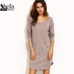 SheIn Casual Short Dresses For Woman 2016 New Arrival Autumn Ladies Dark Pink Round Neck V Back Long Sleeve Shift Dress