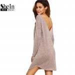 SheIn Casual Short Dresses For Woman 2016 New Arrival Autumn Ladies Dark Pink Round Neck V Back Long Sleeve Shift Dress