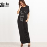 SheIn Clothes Women Spring Dresses Casual Black Graphic Print Round Neck Short Sleeve Maxi Tee Dress With Side Pocket