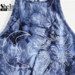 SheIn Crop Tops Women 2017 Sleeveless Top Women Navy Tie Dye Print Halter Neck Top Summer Camisole Sexy Tops For Women