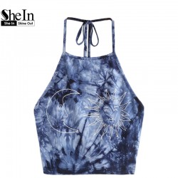SheIn Crop Tops Women 2017 Sleeveless Top Women Navy Tie Dye Print Halter Neck Top Summer Camisole Sexy Tops For Women