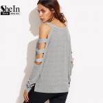 SheIn Grey T Shirt Women Long Sleeve Cold Shoulder Tops 2016 Autumn Loose Tees Sexy Ladies Round Neck Cut Out T-shirt