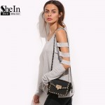 SheIn Grey T Shirt Women Long Sleeve Cold Shoulder Tops 2016 Autumn Loose Tees Sexy Ladies Round Neck Cut Out T-shirt