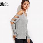 SheIn Grey T Shirt Women Long Sleeve Cold Shoulder Tops 2016 Autumn Loose Tees Sexy Ladies Round Neck Cut Out T-shirt