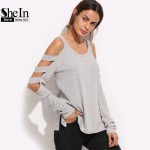 SheIn Grey T Shirt Women Long Sleeve Cold Shoulder Tops 2016 Autumn Loose Tees Sexy Ladies Round Neck Cut Out T-shirt