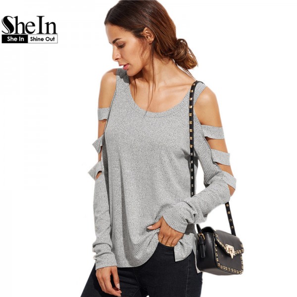 SheIn Grey T Shirt Women Long Sleeve Cold Shoulder Tops 2016 Autumn Loose Tees Sexy Ladies Round Neck Cut Out T-shirt