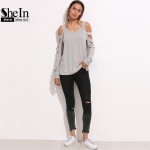 SheIn Grey T Shirt Women Long Sleeve Cold Shoulder Tops 2016 Autumn Loose Tees Sexy Ladies Round Neck Cut Out T-shirt