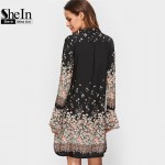 SheIn Korean Women Clothing Floral Print Dresses Women	 Spring Black Tie Neck Long Flare Sleeve Casual A Line Dress