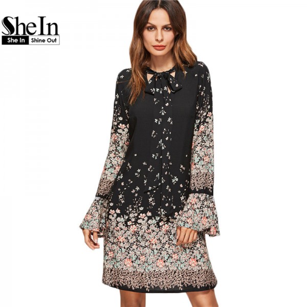 SheIn Korean Women Clothing Floral Print Dresses Women	 Spring Black Tie Neck Long Flare Sleeve Casual A Line Dress