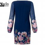SheIn Ladies Autumn Fashion 2017 Long Sleeve Dress Casual Women Clothing Dark Blue Lantern Sleeve Floral Shift Dress