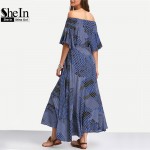 SheIn Ladies Dresses 2016 Summer New Arrival Vintage Womens Half Sleeve Off The Shoulder Tie-waist Ruffle Hem Maxi Dress