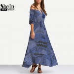 SheIn Ladies Dresses 2016 Summer New Arrival Vintage Womens Half Sleeve Off The Shoulder Tie-waist Ruffle Hem Maxi Dress