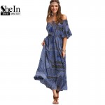 SheIn Ladies Dresses 2016 Summer New Arrival Vintage Womens Half Sleeve Off The Shoulder Tie-waist Ruffle Hem Maxi Dress