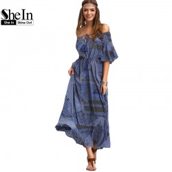 SheIn Ladies Dresses 2016 Summer New Arrival Vintage Womens Half Sleeve Off The Shoulder Tie-waist Ruffle Hem Maxi Dress