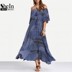 SheIn Ladies Dresses 2016 Summer New Arrival Vintage Womens Half Sleeve Off The Shoulder Tie-waist Ruffle Hem Maxi Dress