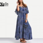 SheIn Ladies Dresses 2016 Summer New Arrival Vintage Womens Half Sleeve Off The Shoulder Tie-waist Ruffle Hem Maxi Dress