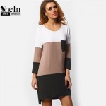 SheIn Ladies Dresses 2016 Summer T-shirt Dress Loose Casual Womens Black White Color Block Pockets Mini Straight Dress