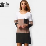 SheIn Ladies Dresses 2016 Summer T-shirt Dress Loose Casual Womens Black White Color Block Pockets Mini Straight Dress