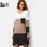 SheIn Ladies Dresses 2016 Summer T-shirt Dress Loose Casual Womens Black White Color Block Pockets Mini Straight Dress