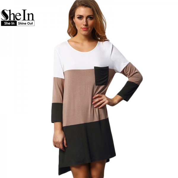 SheIn Ladies Dresses 2016 Summer T-shirt Dress Loose Casual Womens Black White Color Block Pockets Mini Straight Dress