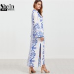 SheIn Ladies Spring Dresses 2017 Blue and White Vintage Print Boho Dress Deep V Neck Long Sleeve Pom-pom Trim Slit Maxi Dress