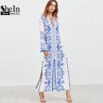 SheIn Ladies Spring Dresses 2017 Blue and White Vintage Print Boho Dress Deep V Neck Long Sleeve Pom-pom Trim Slit Maxi Dress
