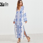 SheIn Ladies Spring Dresses 2017 Blue and White Vintage Print Boho Dress Deep V Neck Long Sleeve Pom-pom Trim Slit Maxi Dress