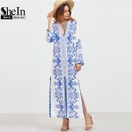 SheIn Ladies Spring Dresses 2017 Blue and White Vintage Print Boho Dress Deep V Neck Long Sleeve Pom-pom Trim Slit Maxi Dress