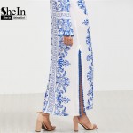 SheIn Ladies Spring Dresses 2017 Blue and White Vintage Print Boho Dress Deep V Neck Long Sleeve Pom-pom Trim Slit Maxi Dress